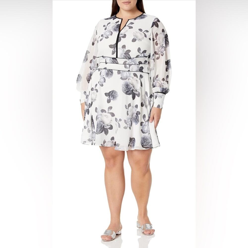 NWT CITY CHIC Plus Size 16 Short Dress Irena Sheer sleeves Ivory Camelia Floral